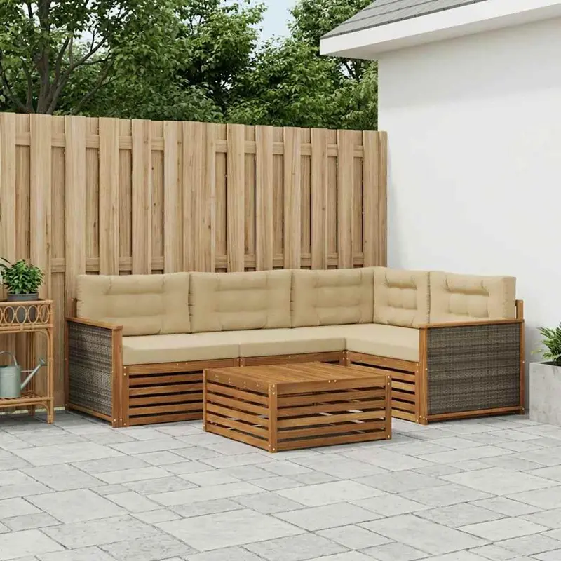Conjunto de sofás de exterior con cojín 5 pcs Natural y Beige