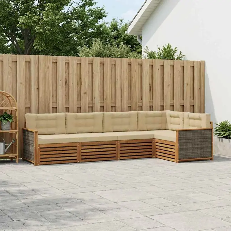 Conjunto de sofás de exterior con cojín 5 pcs Natural y Beige