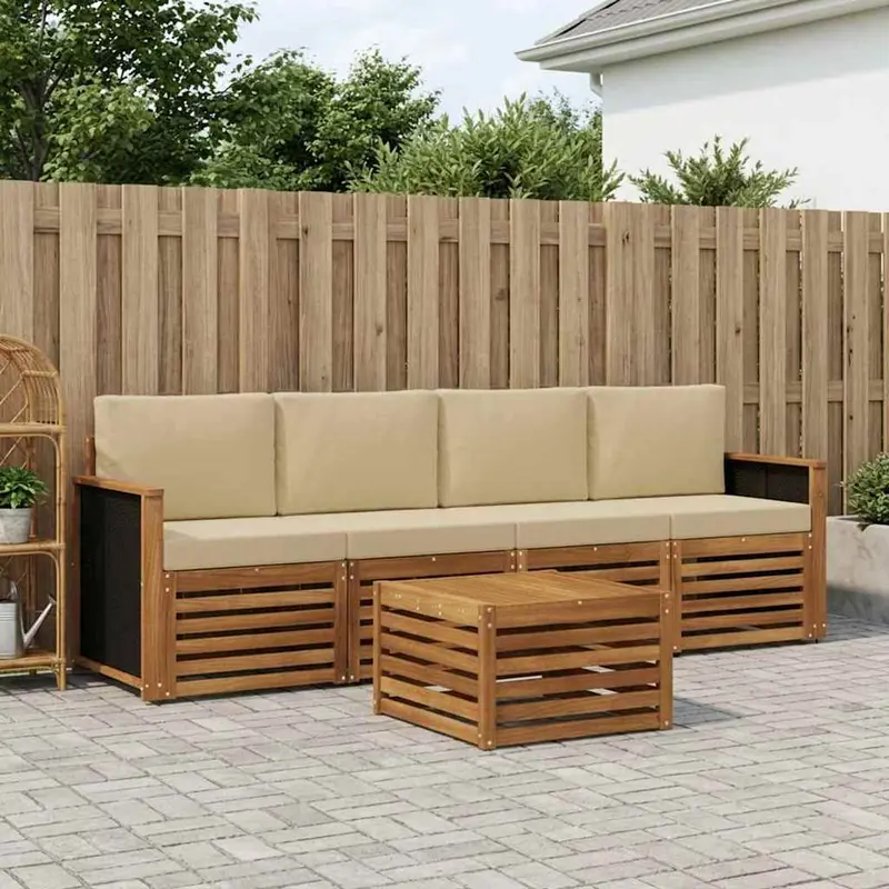 Conjunto de sofás de exterior con cojín 5 pcs Natural y Beige