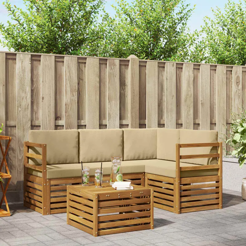 Conjunto de sofás de exterior con cojín 5 pcs Natural y Beige