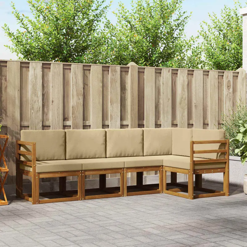 Conjunto de sofás de exterior con cojín 5 pcs Natural y Beige
