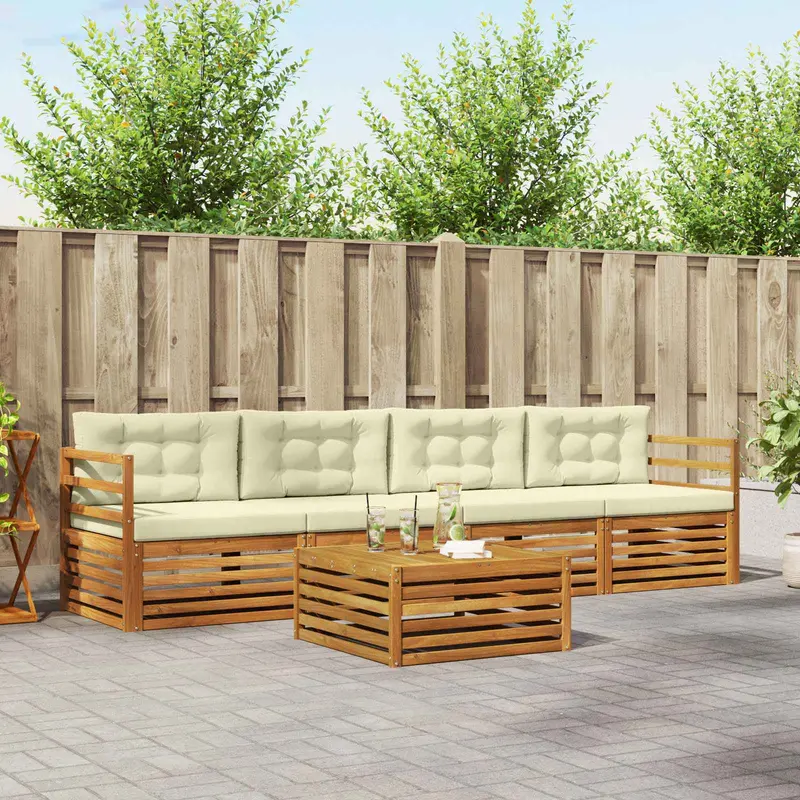 Conjunto de sofás de exterior con cojín 5 pcs Natural y Crema