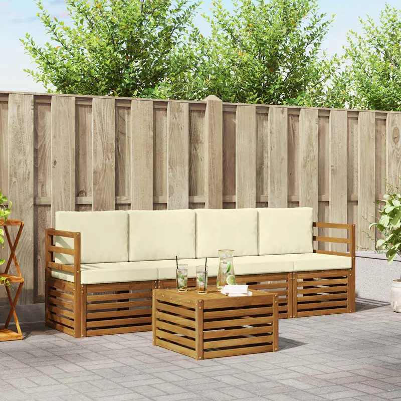 Conjunto de sofás de exterior con cojín 5 pcs Natural y Crema
