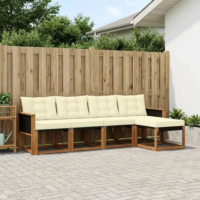 Conjunto de sofás de exterior con cojín 5 pcs Natural y Crema