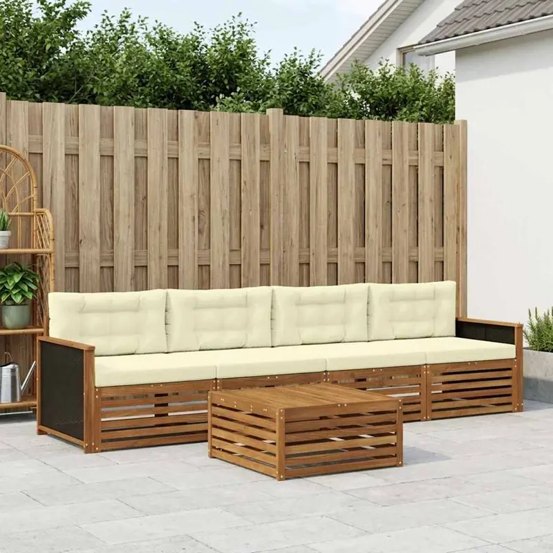 Conjunto de sofás de exterior con cojín 5 pcs Natural y Crema