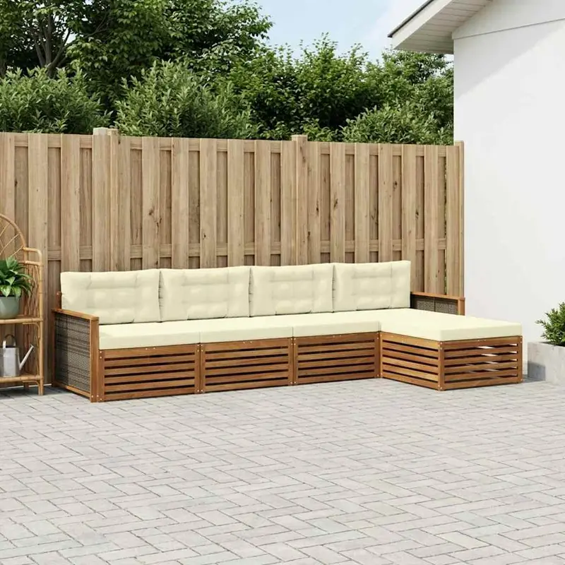 Conjunto de sofás de exterior con cojín 5 pcs Natural y Crema