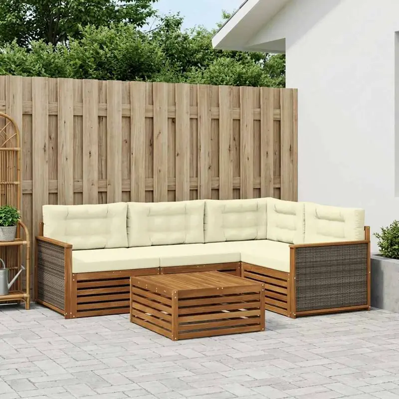 Conjunto de sofás de exterior con cojín 5 pcs Natural y Crema