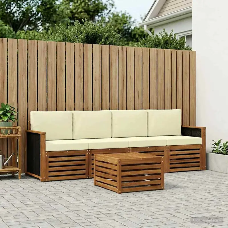 Conjunto de sofás de exterior con cojín 5 pcs Natural y Crema
