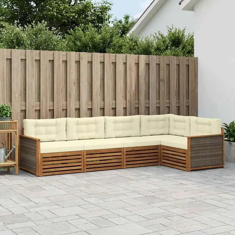 Conjunto de sofás de exterior con cojín 5 pcs Natural y Crema