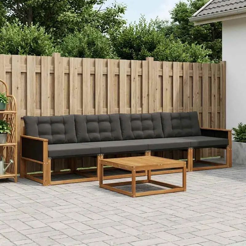 Conjunto de sofás de exterior con cojín 5 pcs Natural y negro