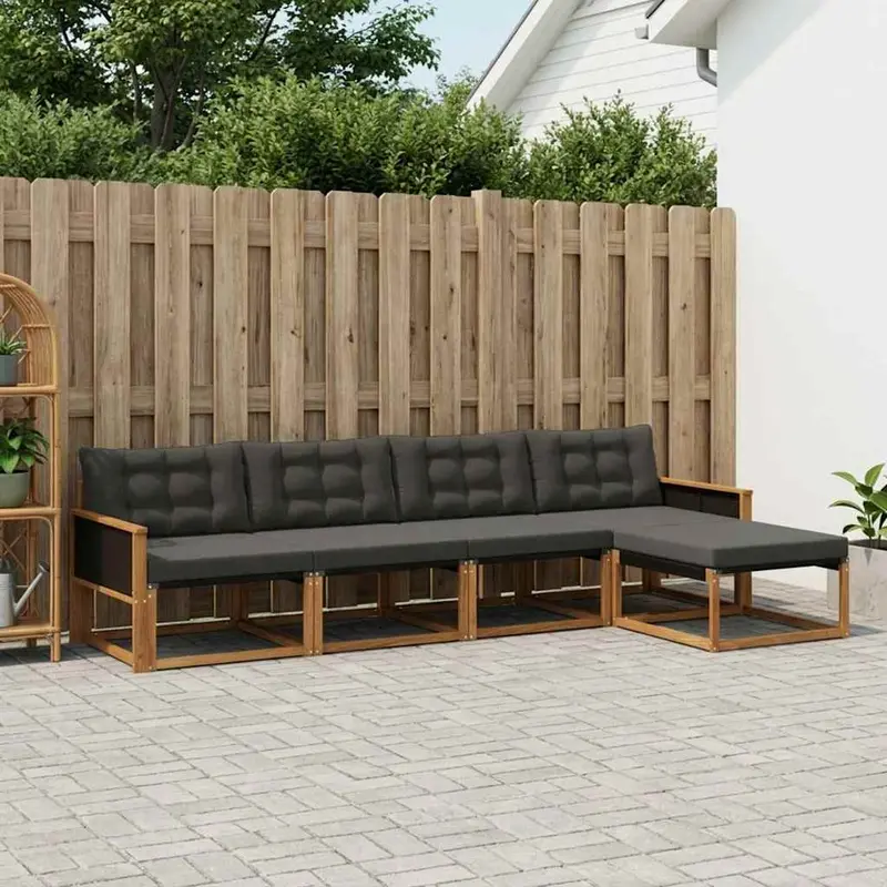 Conjunto de sofás de exterior con cojín 5 pcs Natural y negro