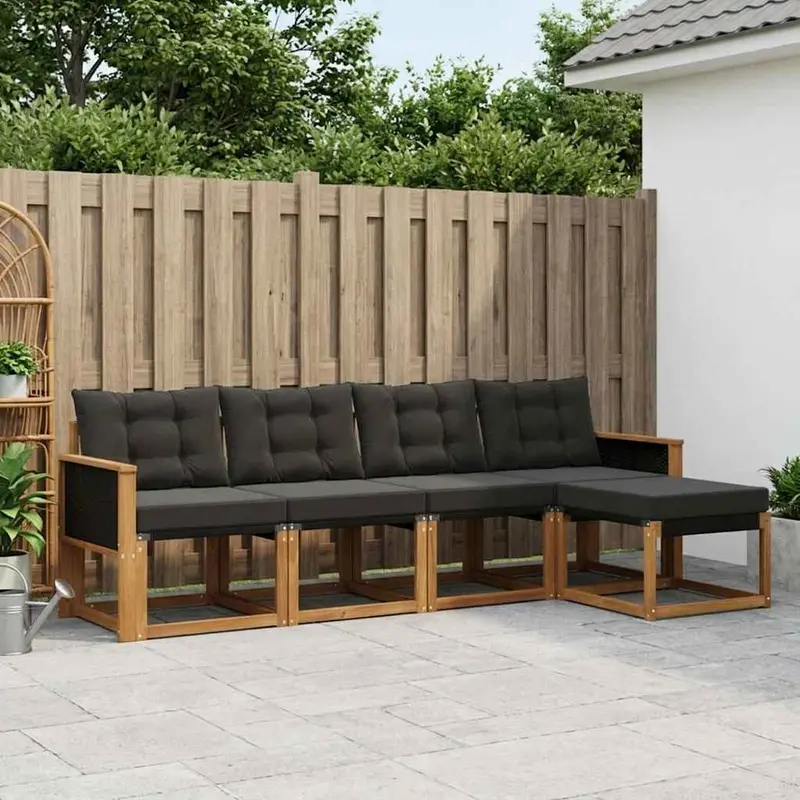 Conjunto de sofás de exterior con cojín 5 pcs Natural y negro