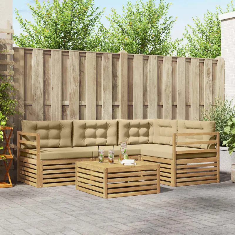 Conjunto de sofás de exterior con cojín 5 pcs y Beige Poliéster