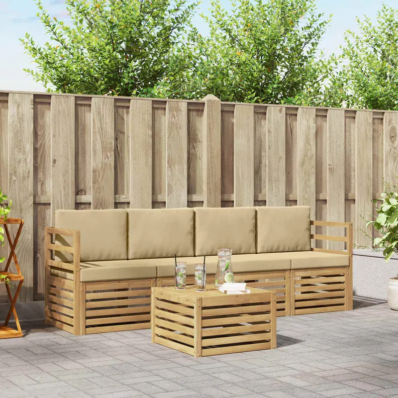 Conjunto de sofás de exterior con cojín 5 pcs y Beige Poliéster