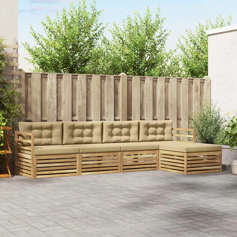 Conjunto de sofás de exterior con cojín 5 pcs y Beige Poliéster