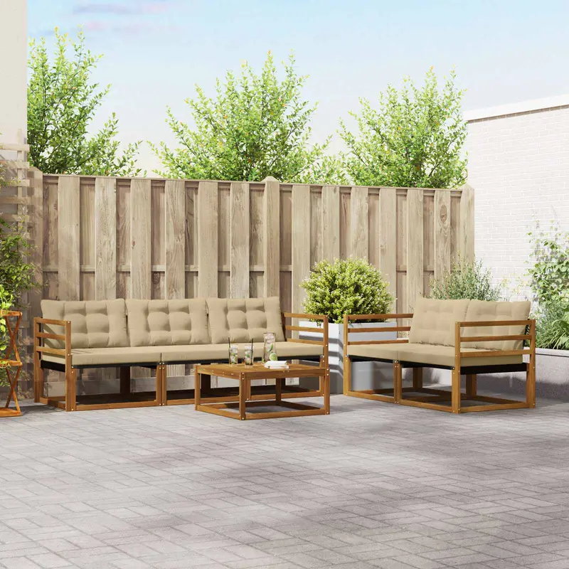 Conjunto de sofás de exterior con cojín 6 pcs Natural y Beige