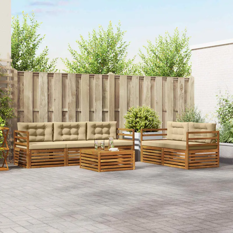 Conjunto de sofás de exterior con cojín 6 pcs Natural y Beige