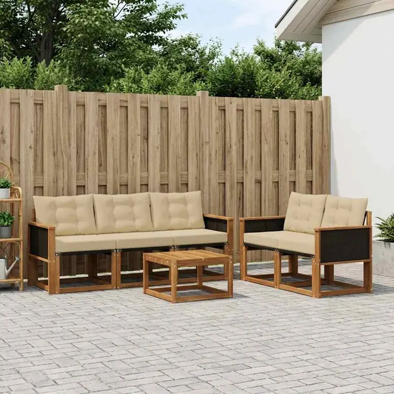 Conjunto de sofás de exterior con cojín 6 pcs Natural y Beige