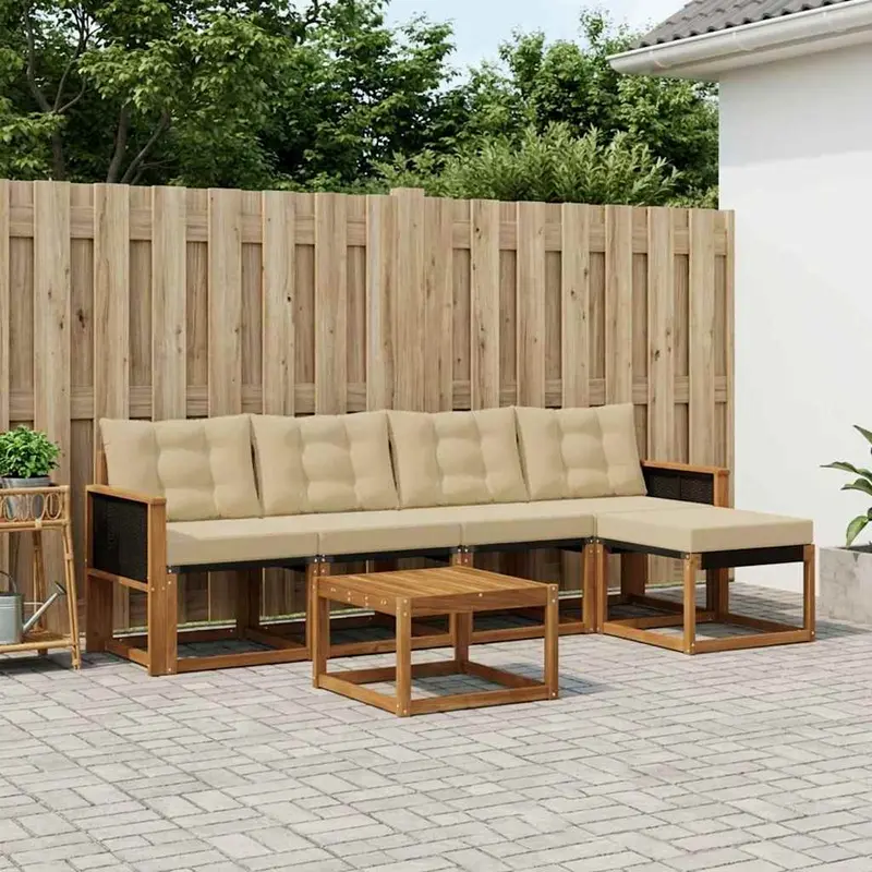 Conjunto de sofás de exterior con cojín 6 pcs Natural y Beige