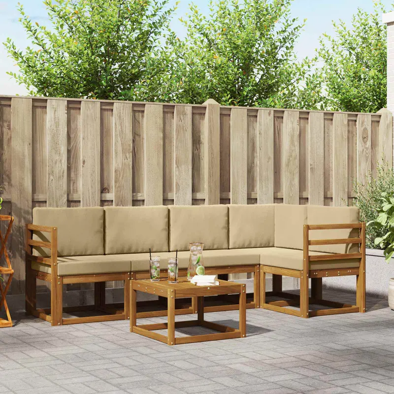 Conjunto de sofás de exterior con cojín 6 pcs Natural y Beige