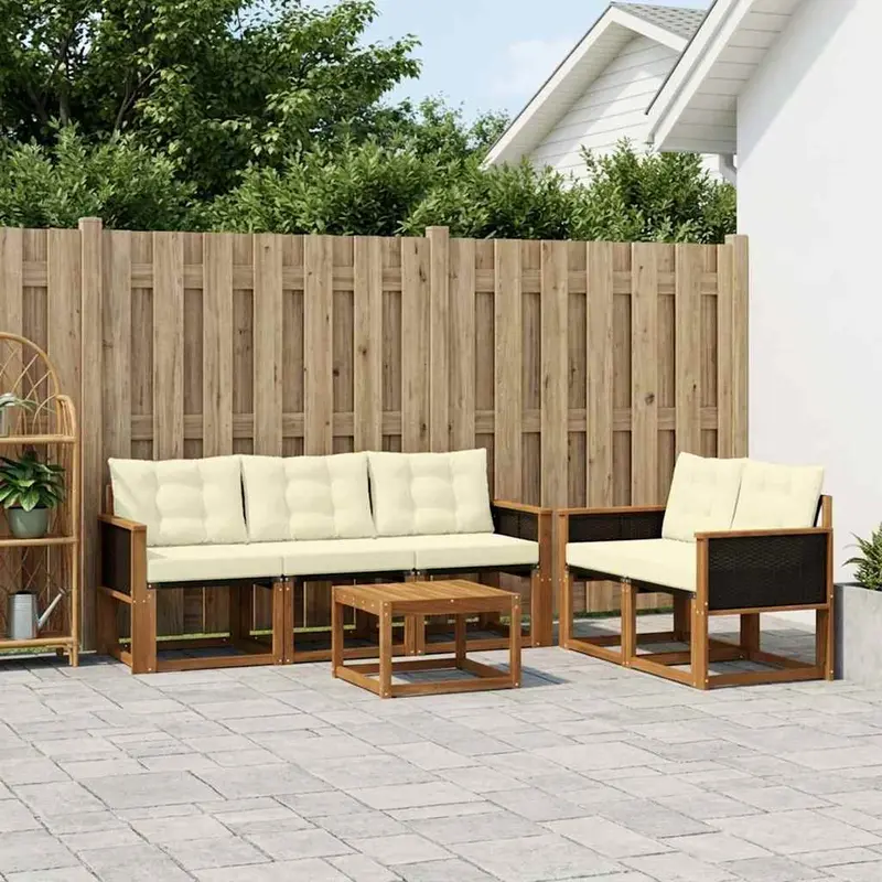 Conjunto de sofás de exterior con cojín 6 pcs Natural y Crema