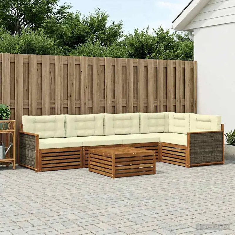 Conjunto de sofás de exterior con cojín 6 pcs Natural y Crema