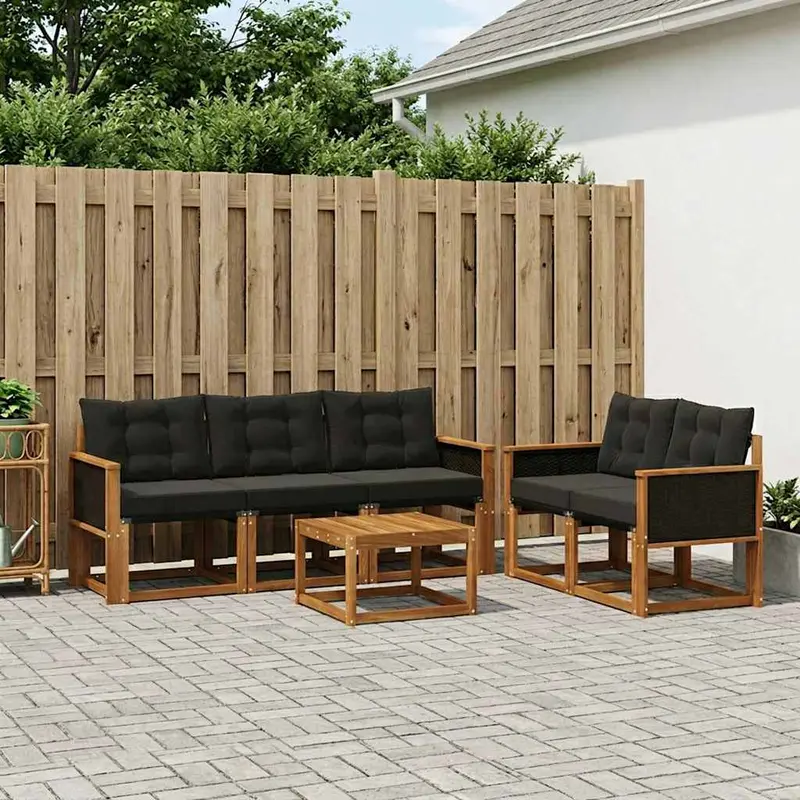 Conjunto de sofás de exterior con cojín 6 pcs Natural y negro