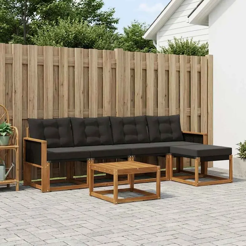 Conjunto de sofás de exterior con cojín 6 pcs Natural y negro