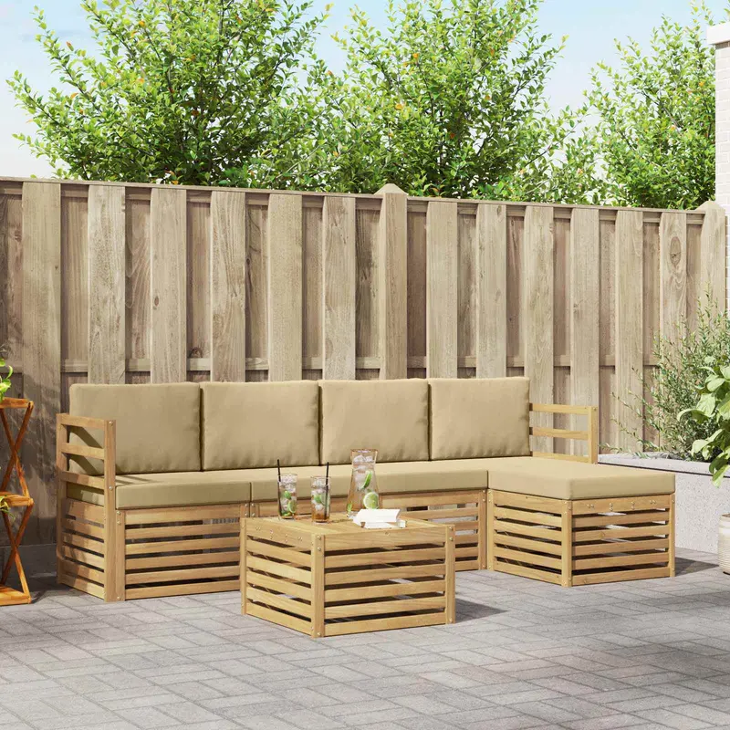 Conjunto de sofás de exterior con cojín 6 pcs y Beige Poliéster