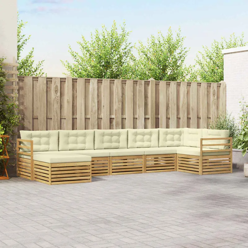 Conjunto de sofás de exterior con cojín 7 pcs Blanco y Crema
