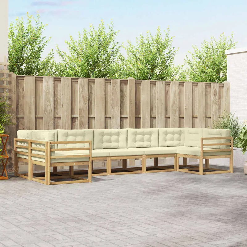 Conjunto de sofás de exterior con cojín 7 pcs Blanco y Crema