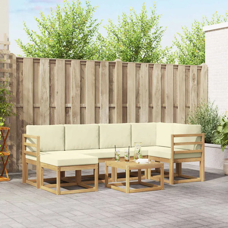 Conjunto de sofás de exterior con cojín 7 pcs Blanco y Crema