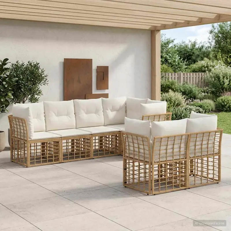 Conjunto de sofás de exterior con cojín 7 pcs Natural Poliéster