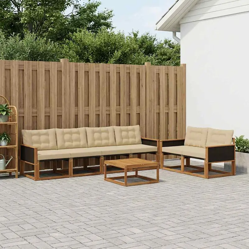 Conjunto de sofás de exterior con cojín 7 pcs Natural y Beige