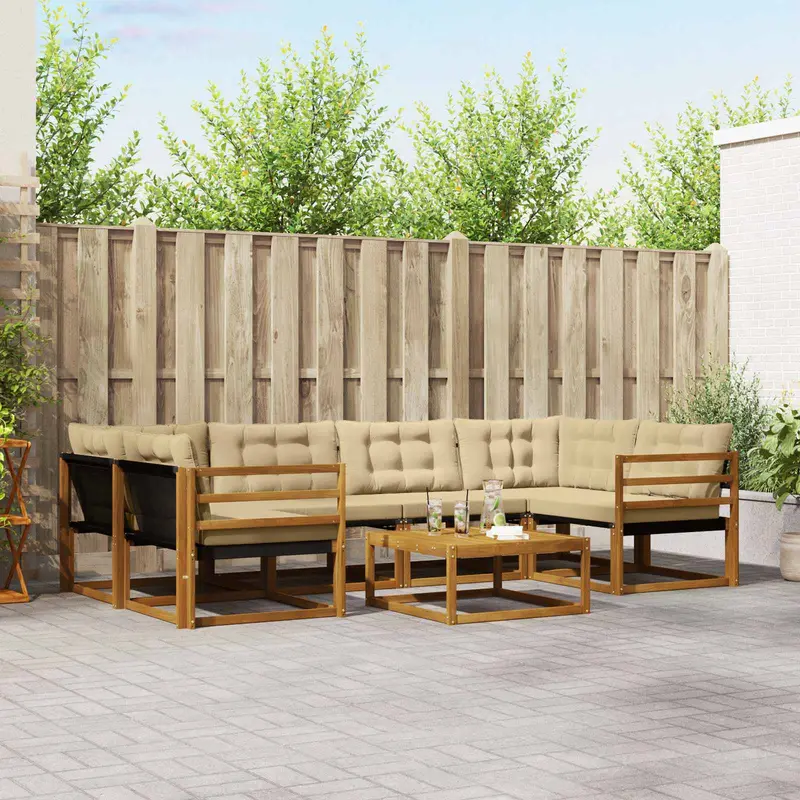 Conjunto de sofás de exterior con cojín 7 pcs Natural y Beige