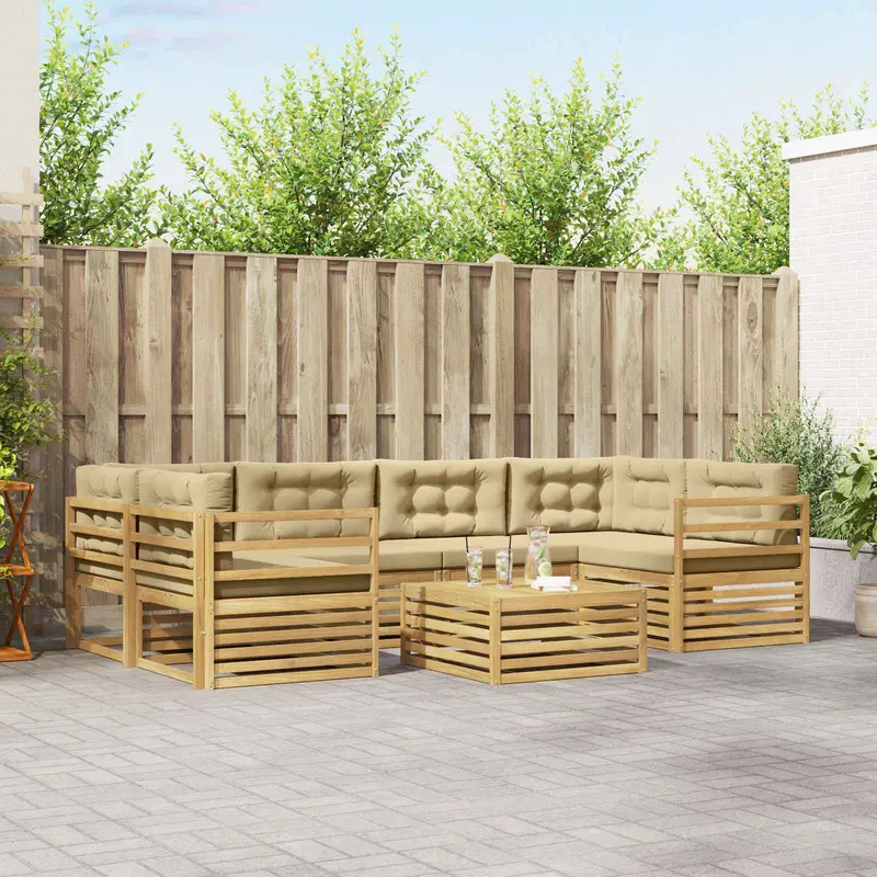 Conjunto de sofás de exterior con cojín 7 pcs y Beige Poliéster