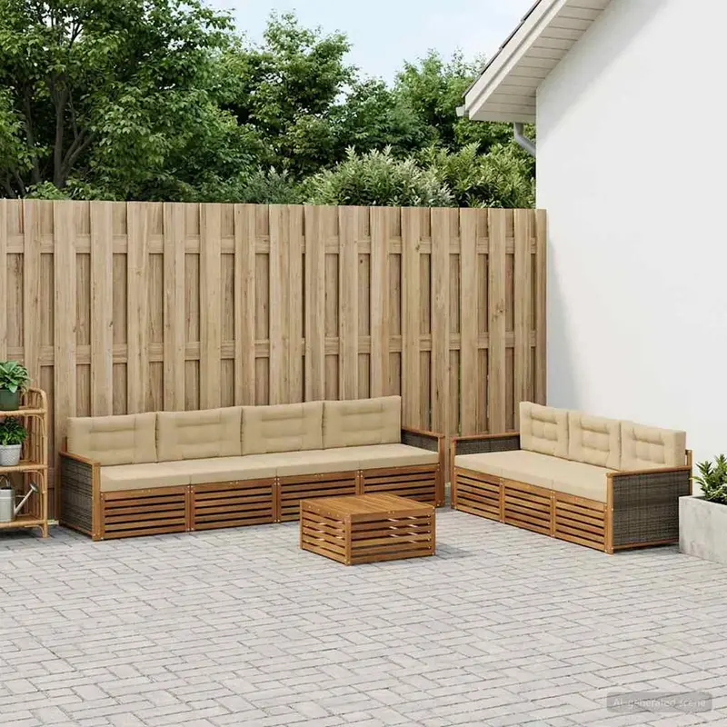 Conjunto de sofás de exterior con cojín 8 pcs Natural y Beige