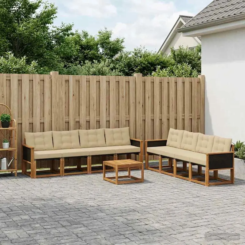 Conjunto de sofás de exterior con cojín 9 pcs Natural y Beige