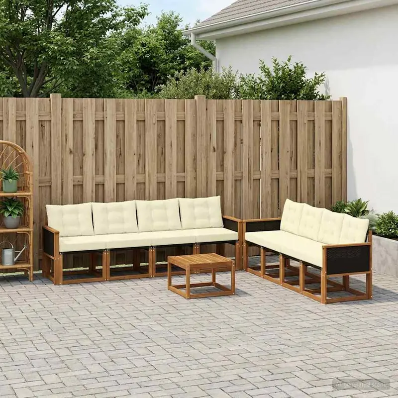 Conjunto de sofás de exterior con cojín 9 pcs Natural y Crema