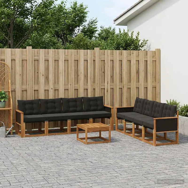 Conjunto de sofás de exterior con cojín 9 pcs Natural y negro