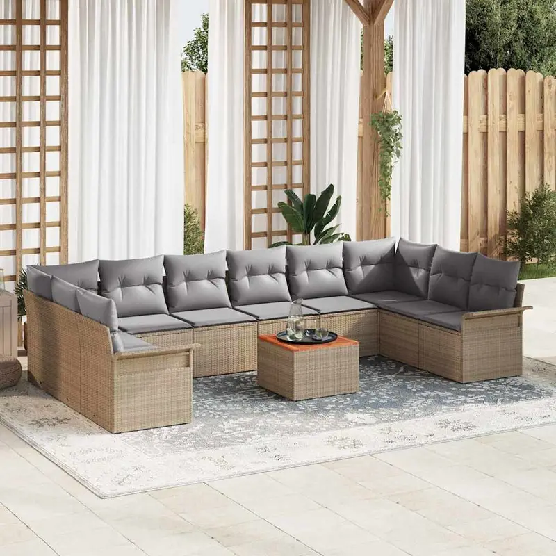 Conjunto de sofás de jardín 11 pcs Beige ratán sintético