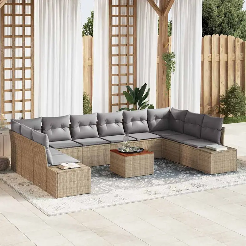 Conjunto de sofás de jardín 11 pcs Beige ratán sintético