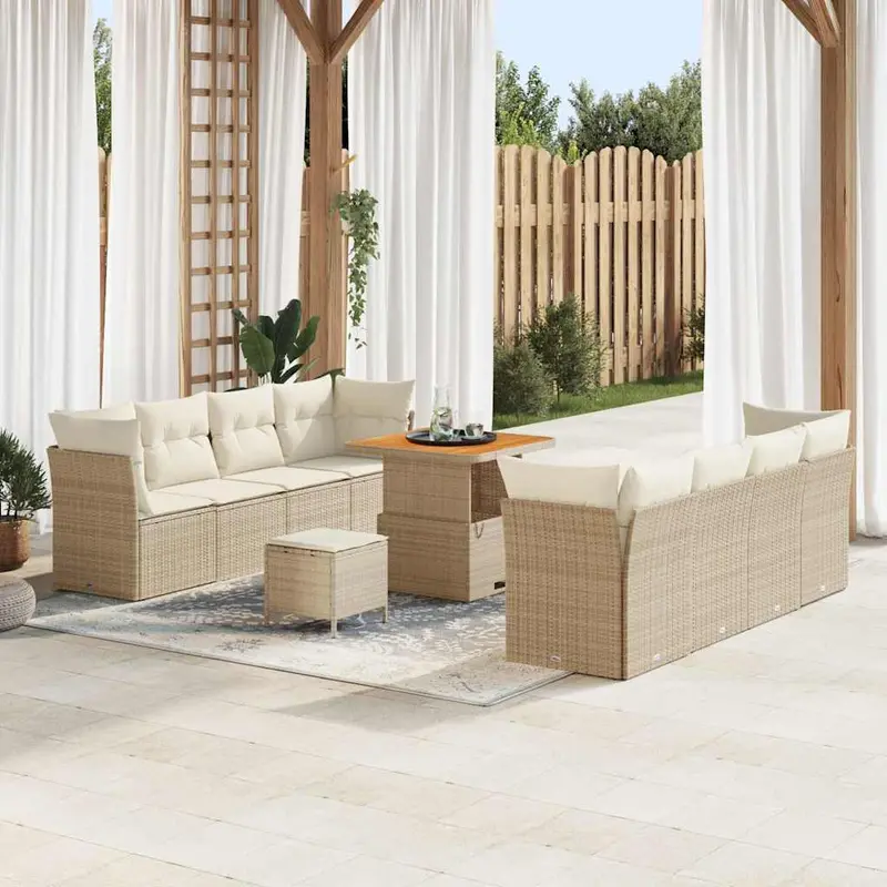 Conjunto de sofás de jardín 11 pcs Beige ratán sintético