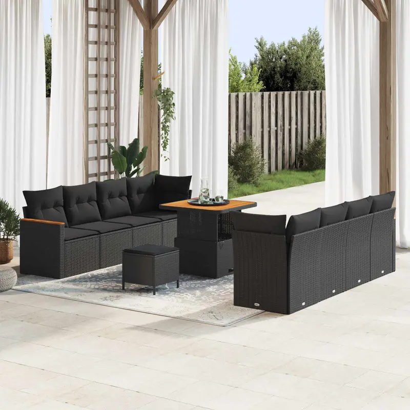 Conjunto de sofás de jardín 11 pcs Negro ratán sintético
