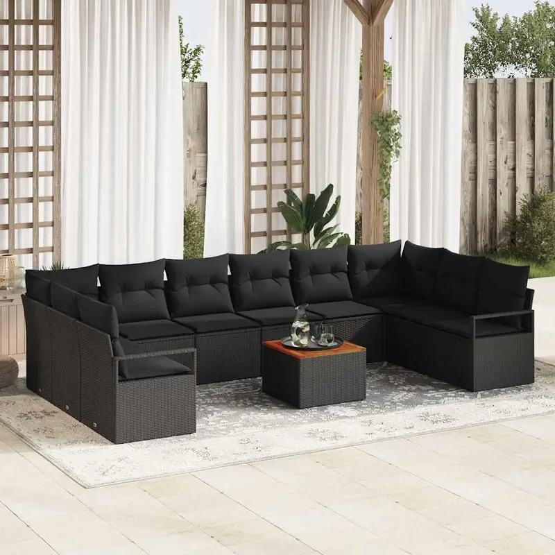 Conjunto de sofás de jardín 11 pcs Negro ratán sintético