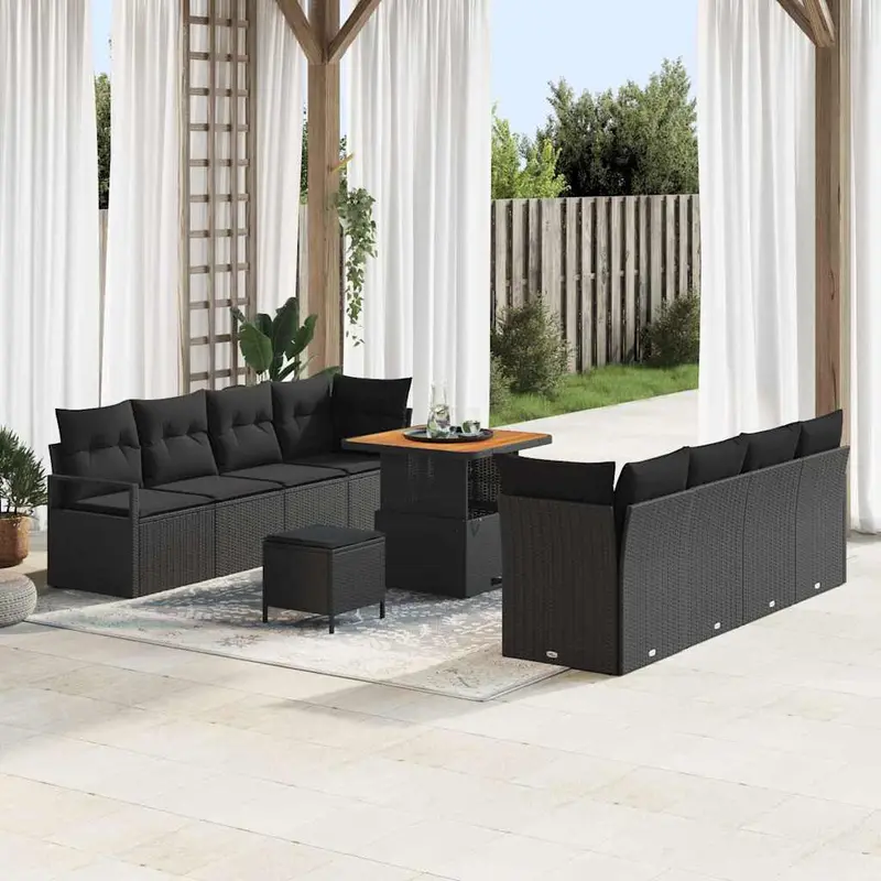 Conjunto de sofás de jardín 11 pcs Negro ratán sintético