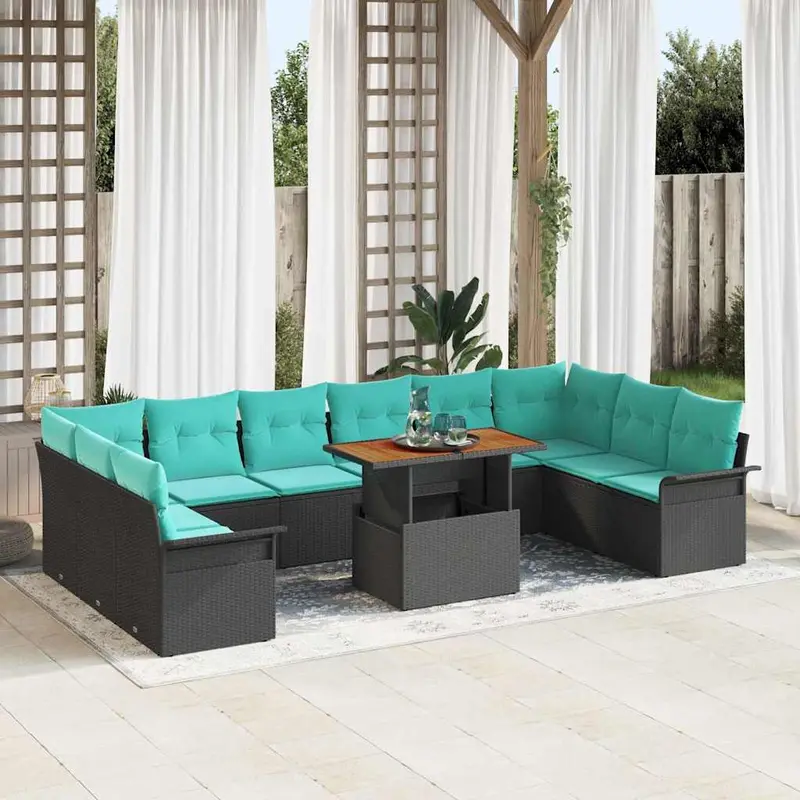 Conjunto de sofás de jardín 11 pcs Negro y azul ratán sintético