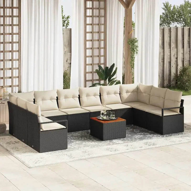 Conjunto de sofás de jardín 11 pcs Negro y crema