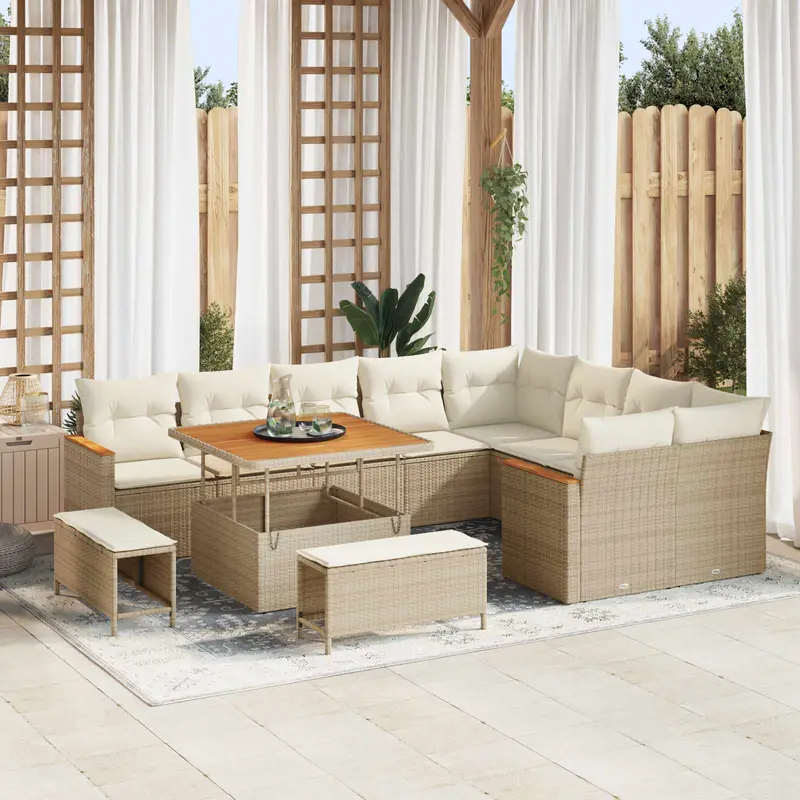 Conjunto de sofás de jardín 12 pcs Beige ratán sintético