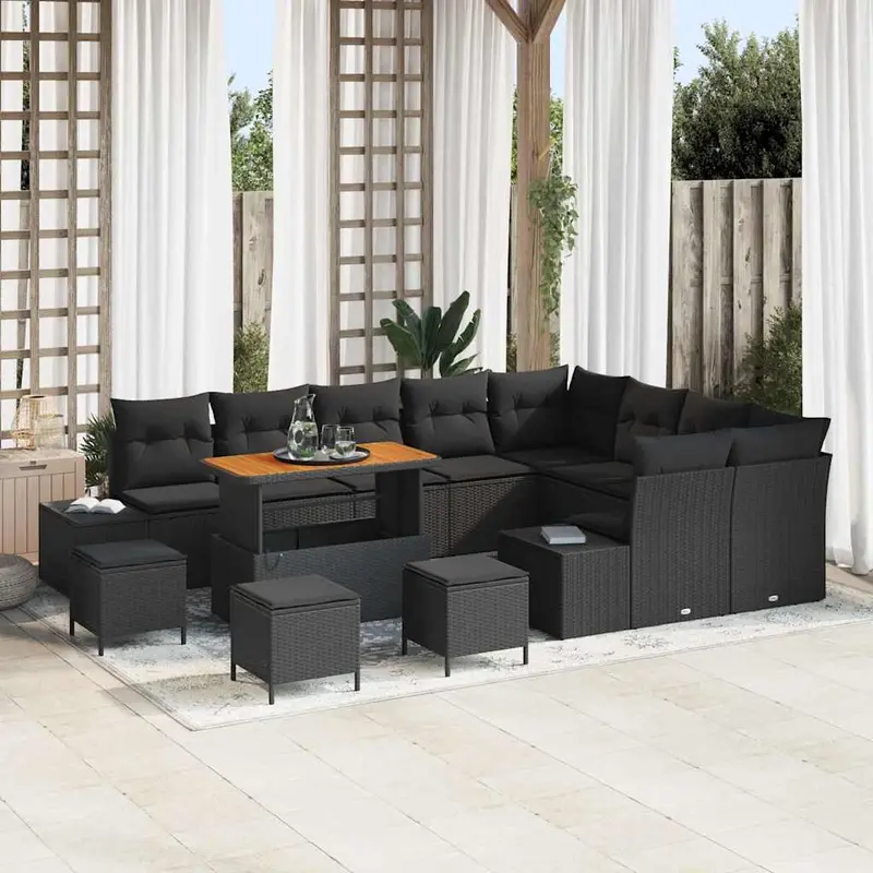 Conjunto de sofás de jardín 13 pcs Negro ratán sintético